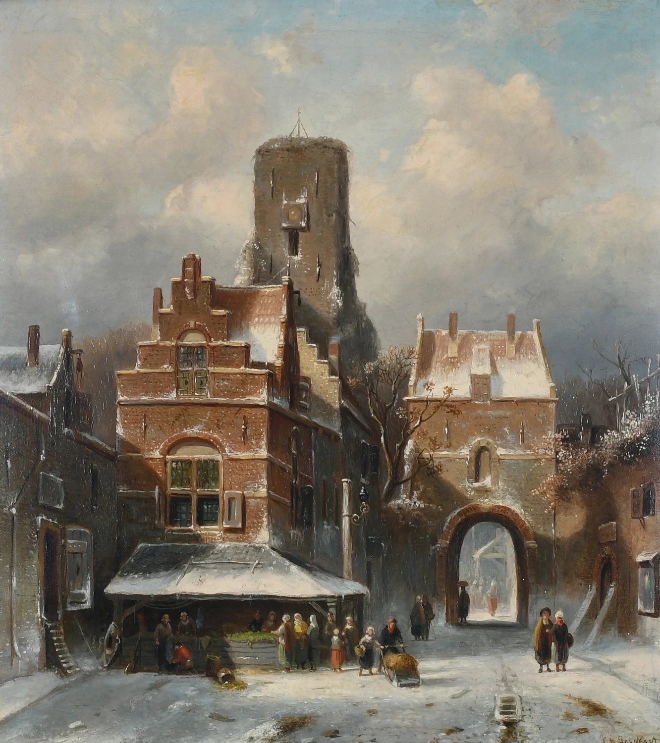 Charles Leickert - Figure presso una bancarella del mercato in inverno